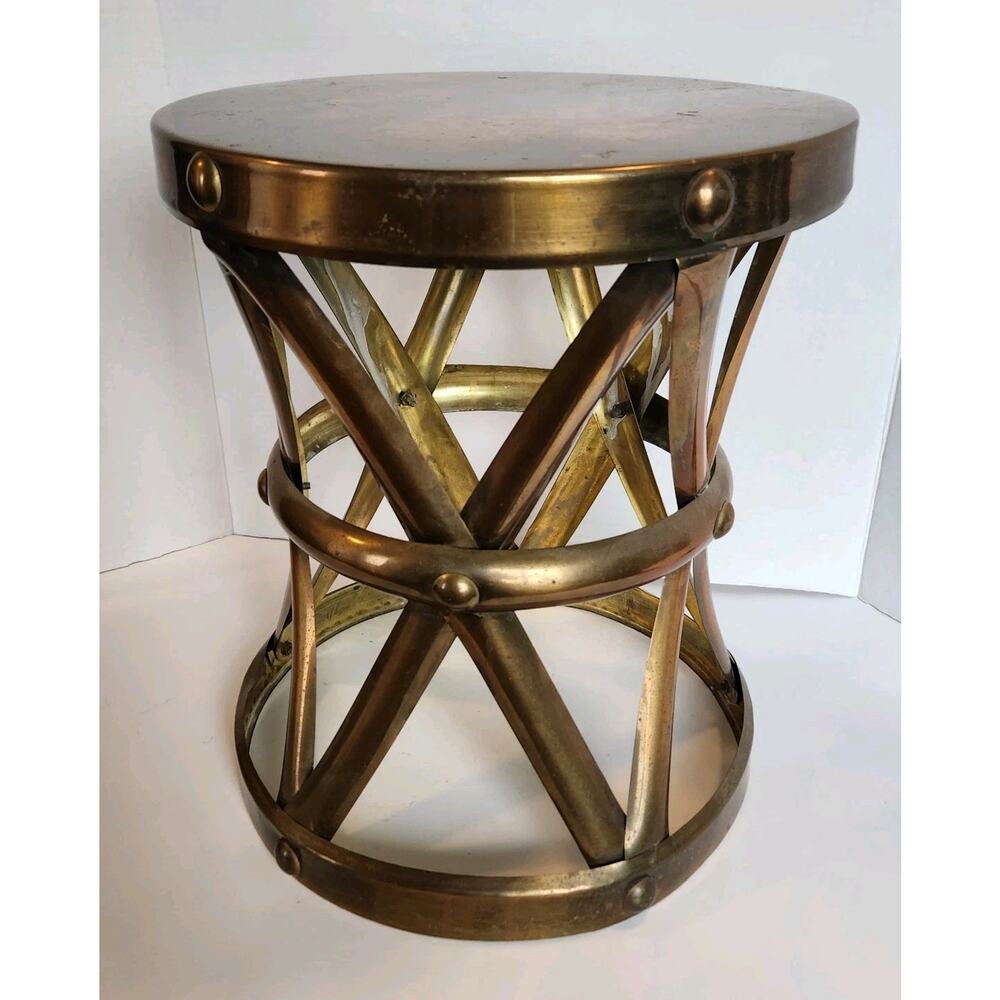 1950's Hollywood Regency Brass Drum Table / Tabouret Stool MCM Hourglass